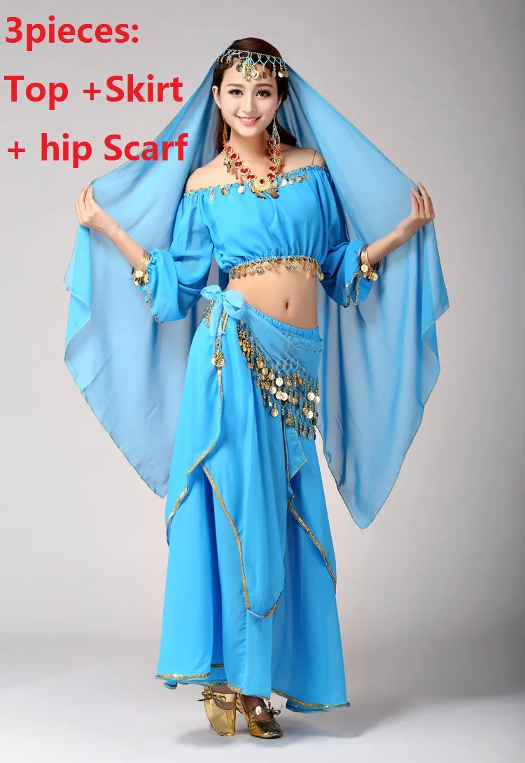 blue3pcs Костюм для танца живота, платье для танца живота, набор для женщин, бюстгальтер, пояс, юбка, Болливуд, платья для танцев, индийский танец, rs, танцевальная одежда для сцены - Цвет: blue3pcs