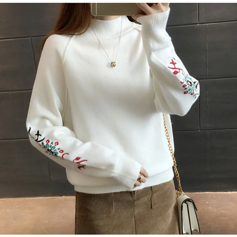 off white Пуловер с вышивкой и высоким воротником, женский свитер,, Осень-зима, женский джемпер, вязаный джемпер, женские топы AA400 - Цвет: off white