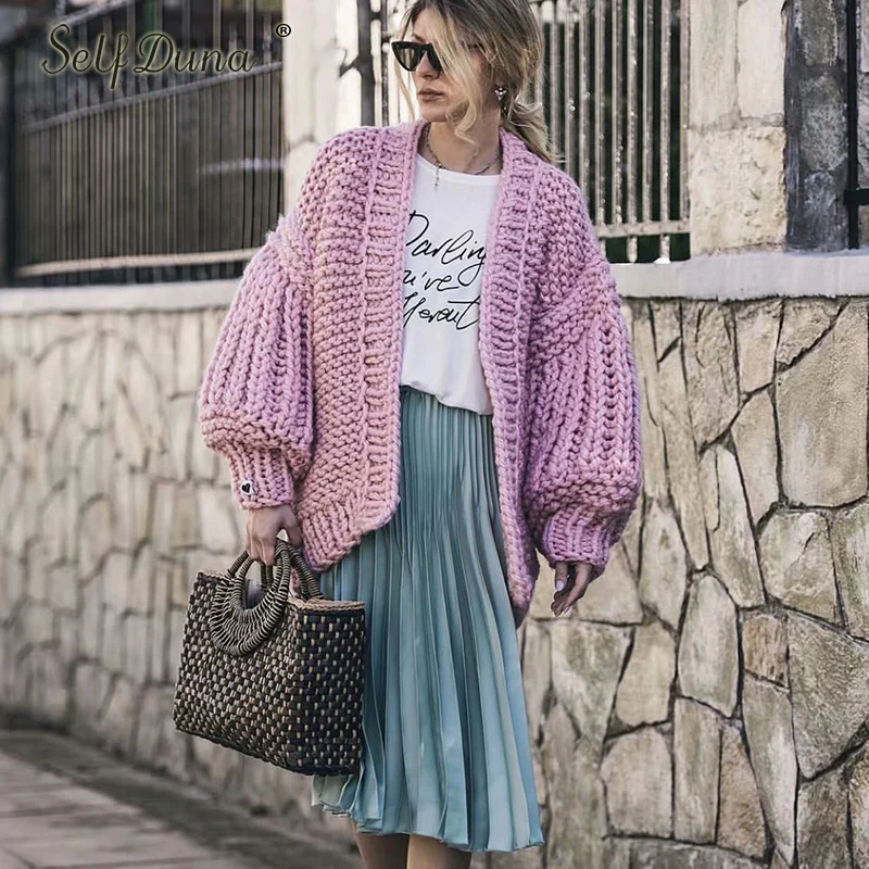 Self Duna 2019 Autumn Winter Hand Knitted Cardigan Warm Thick Sweater Coat Pull Femme Cute Tricot Pink Women Jumper |
