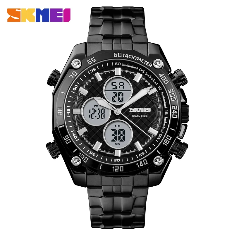 black white SKMEI Роскошные мужские часы золотые кварцевые часы аналоговые цифровые спортивные часы с секундомером и будильником военные часы водонепроницаемые повседневные светодиодный наручные часы - Цвет: black white