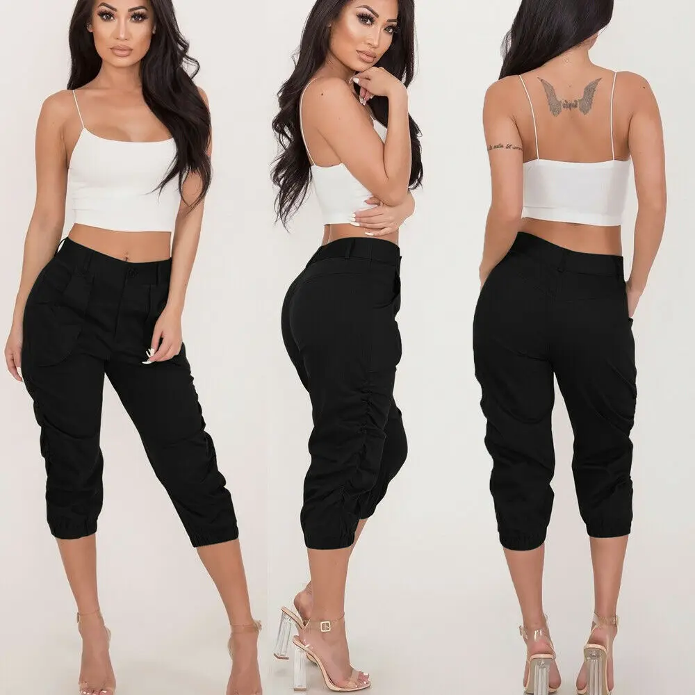 Casual Harem Trousers Women 3/4 Crop Capri High Waist Stretch Skinny Slim Elastic Pleated Summer | Женская одежда