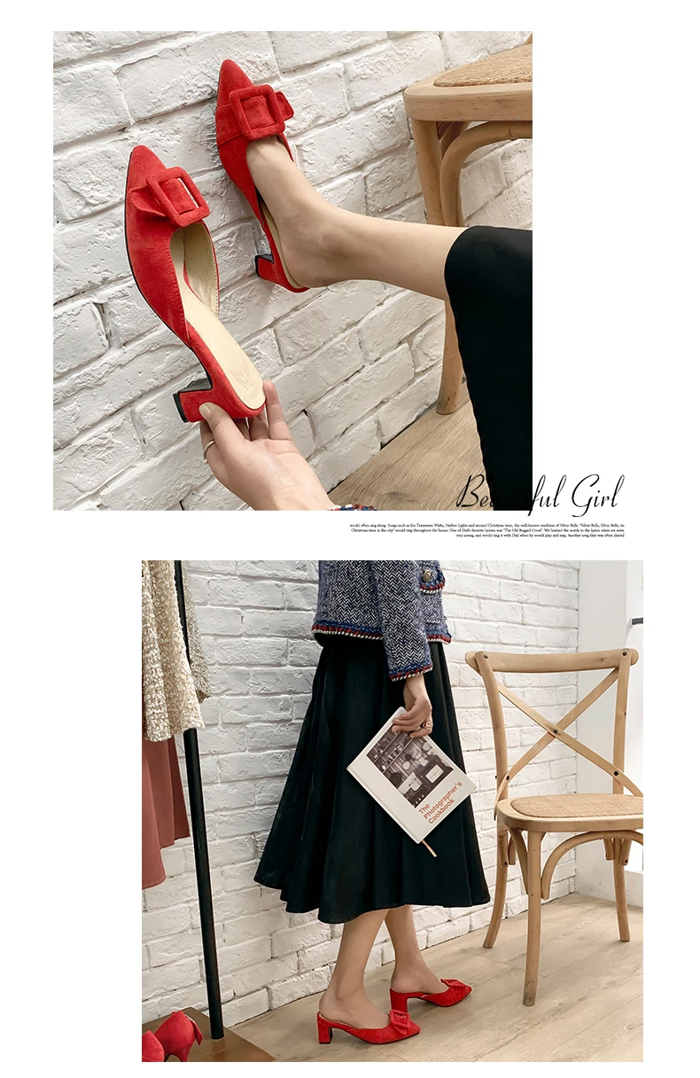 B2-7 Size 33-46 Girls Sweet Solid Colors Slippers Ladies Pointed Toes Plus Size Slides Woman High Heels Shoes Women Daily Shoe