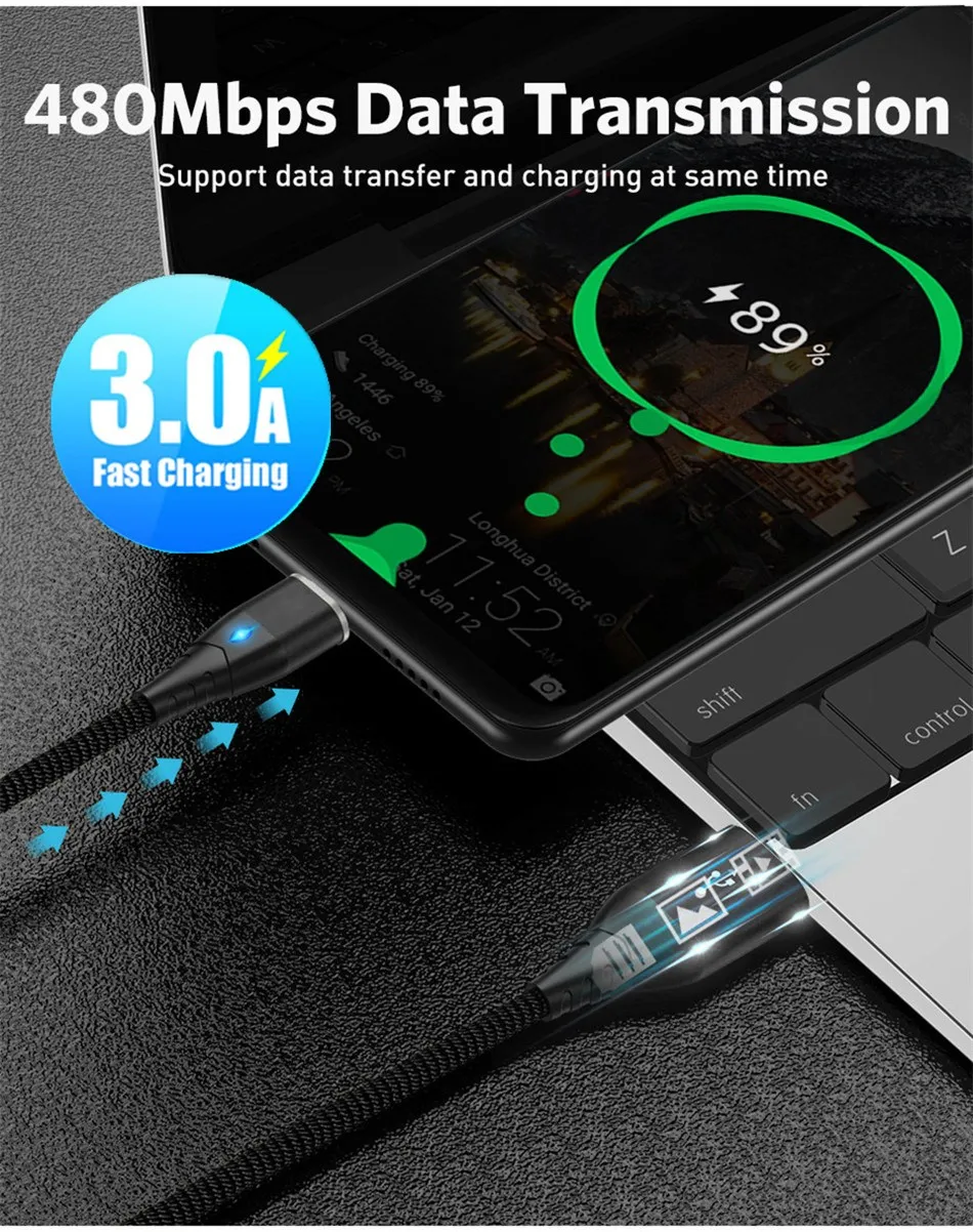 1 м 3 А Магнитный зарядный кабель Micro USB кабель для Xiaomi iphone XR XS Max X магнитное зарядное устройство usb type C светодиодный кабель для зарядки