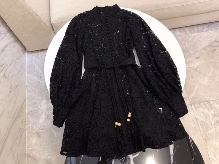 Черный woman ladies fashion lace lantern long sleeve dress - Цвет: Черный