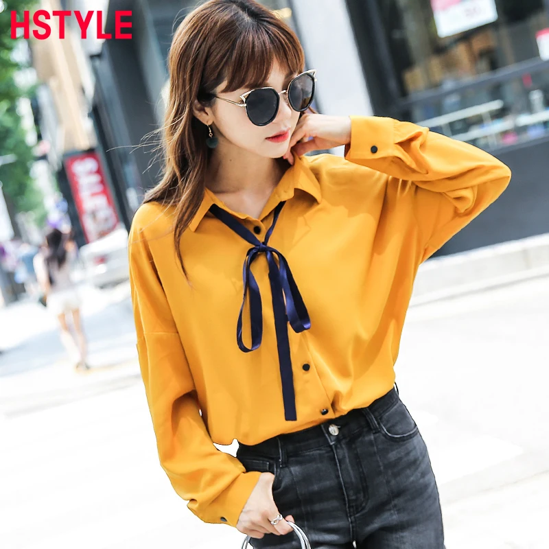 HSTYLE летом 2018 Для женщин шифоновые рубашки с длинным рукавом повязку одноцветное