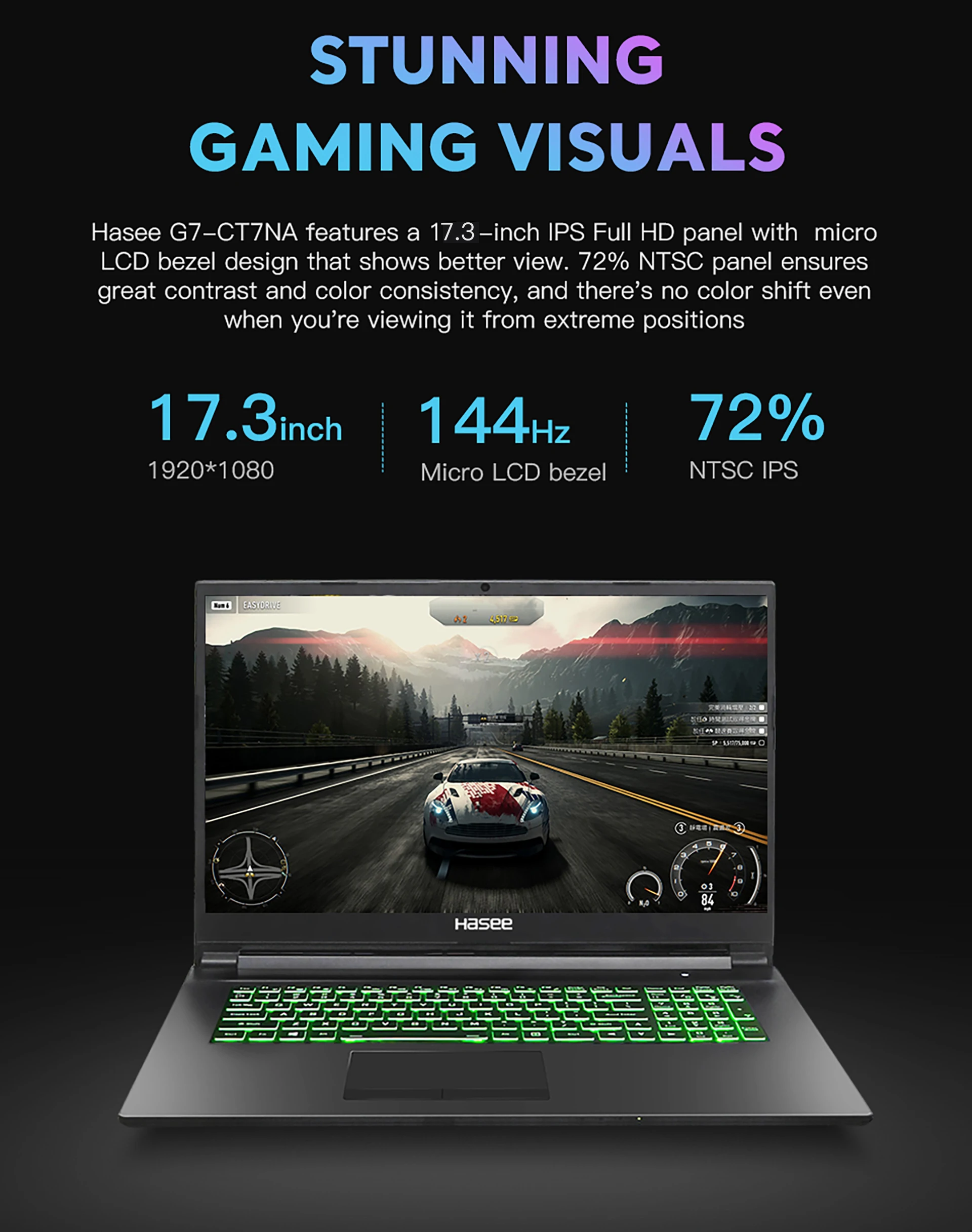 Ноутбук hasee G7-CT7NA для игр(Intel 9Gen i7-9750H+ GTX1660Ti 6G GDDR6/8G ram/512G SSD/17,3 ''144 HZ 72% NTSC ips/DOS