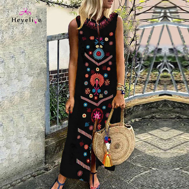 Женское платье с длинным рукавом и принтом винтажное пляжное без рукавов|Пляжная