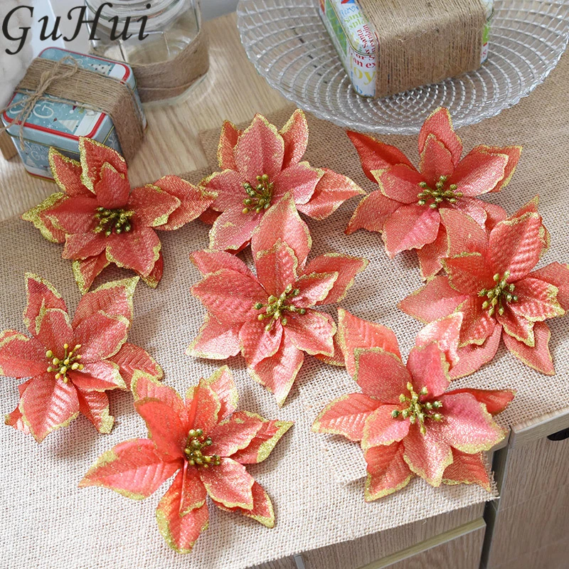 8pcs Colorful Artificial Flowers Christmas Tree Ornament Gold Silver Sticky Powder Flower New Year Home Party Hanging Prop Decor | Дом и сад