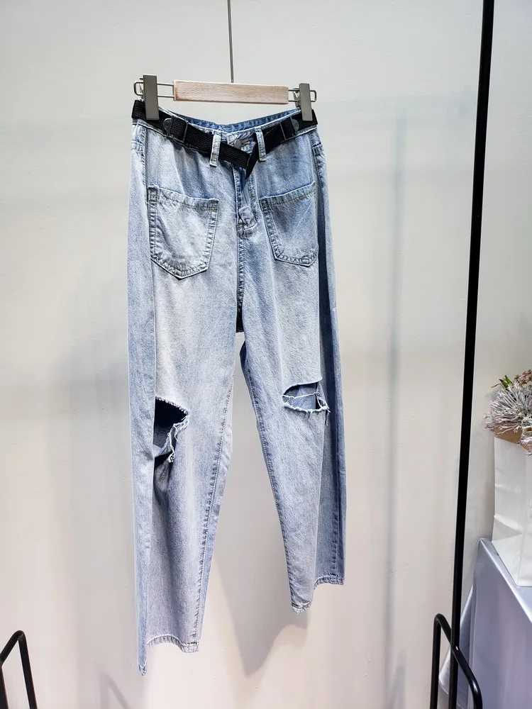 

women Personalized decorative waist bandwidth loose hole jeans net hot pockets thin denim trousers with belt