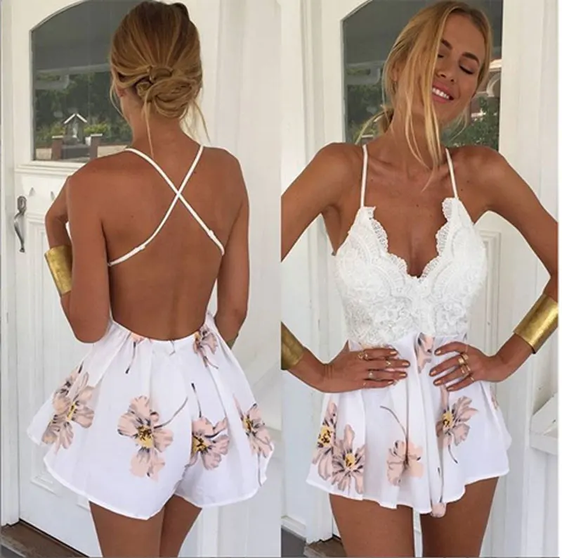 2016 Ремень белого кружева элегантный комбинезон Сексуальный спинки шифон летние