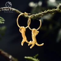 lotus fun real 925 sterling silver earrings creative handmade fine jewelry cute 18k gold kung fu cat drop earrings for women