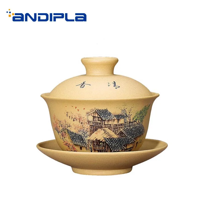 150 мл аутентичная Yixing фиолетовая глина Gaiwan пион/Ландшафтный узор чай Tureen