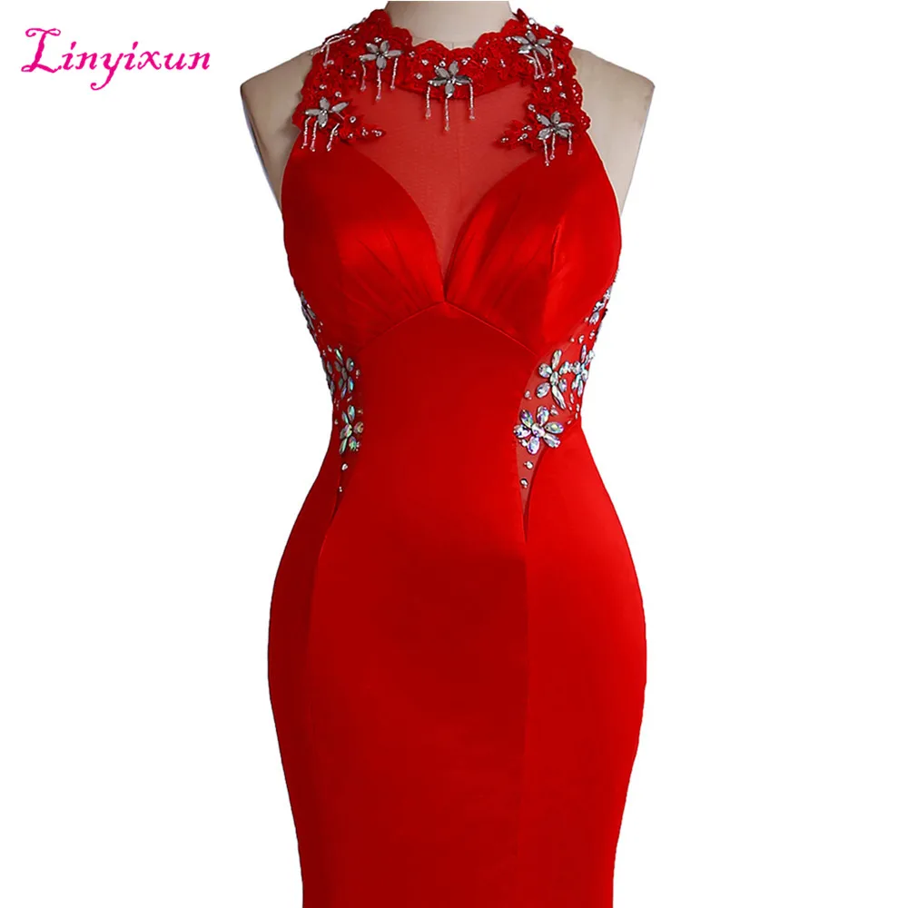 Linyixun настоящая фотография сексуальные красные длинные вечерние платья русалки