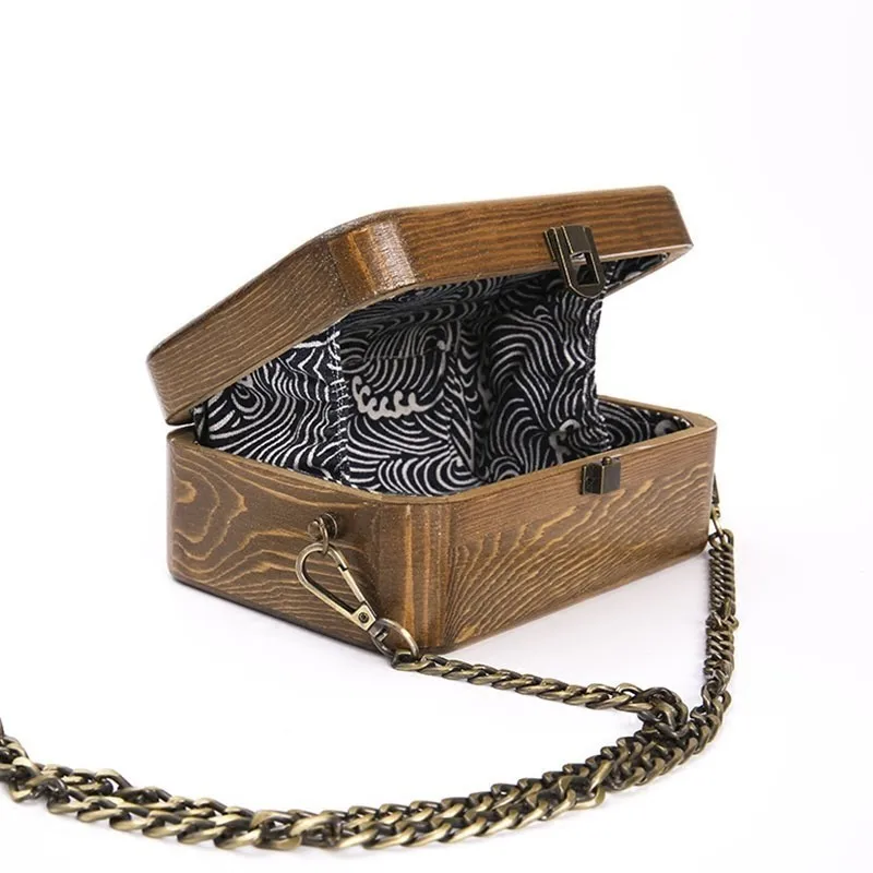 Unua amo Handmade Wooded Box Bag Women's Nature Arbor Unique Chain Day Clutches Luxury Retro Shoulder Wood Messenger Bags | Багаж и