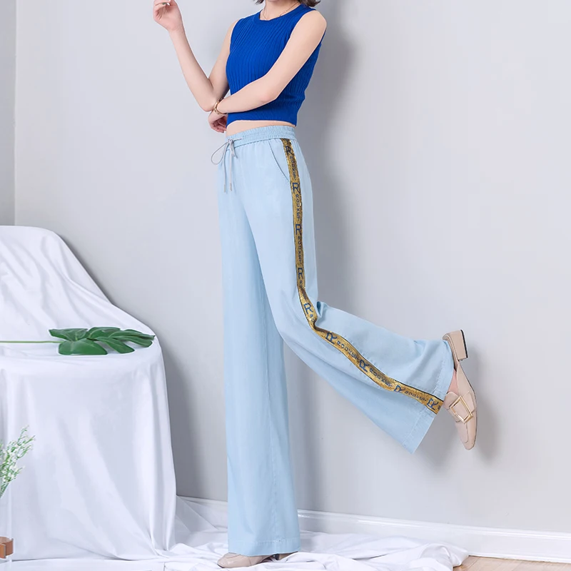 Women Tencel Wide Leg Pants 2019 Summer High Waist Lace Up Striped Loose Full Length Sequin Woman Plus Size 5XL Trousers Женская