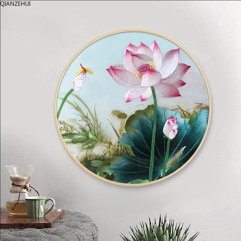 QIANZEHUI, DIY Алмазная вышивка, Круглый Алмазный пейзаж Полный Круглый Лотос Алмазная картина вышивка крестиком, рукоделие