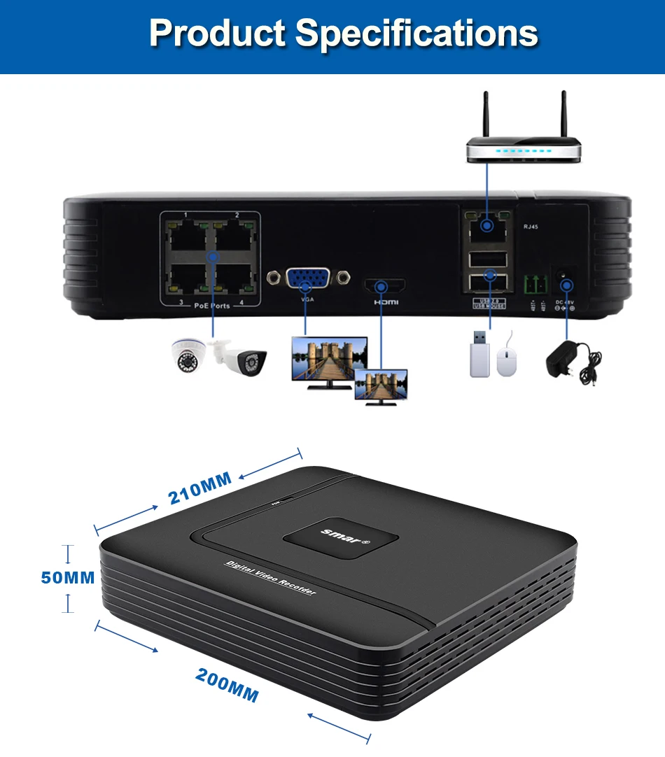 Smar 48V POE NVR 4 канала мини видеорегистратор Full HD автономный Hi3515C 1920*1080P ONVIF для 48V POE IP Камера безопасности Системы приложения XMEYE