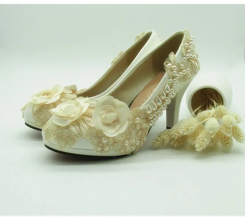 Новинка 2018 женские свадебные туфли с цветами цвета шампанского кружевные