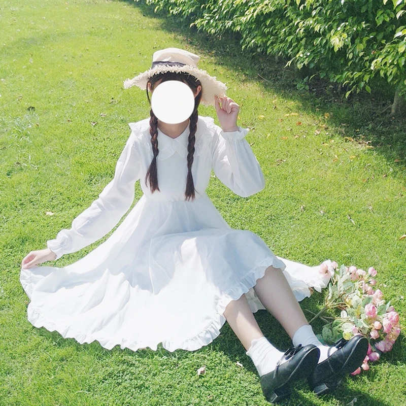 Lolita Style Women Cute Dress Autumn Japanese Mori Girl Peter Pan Collar White Casual Ruffle Solid Loose Long Sleeve | Женская одежда