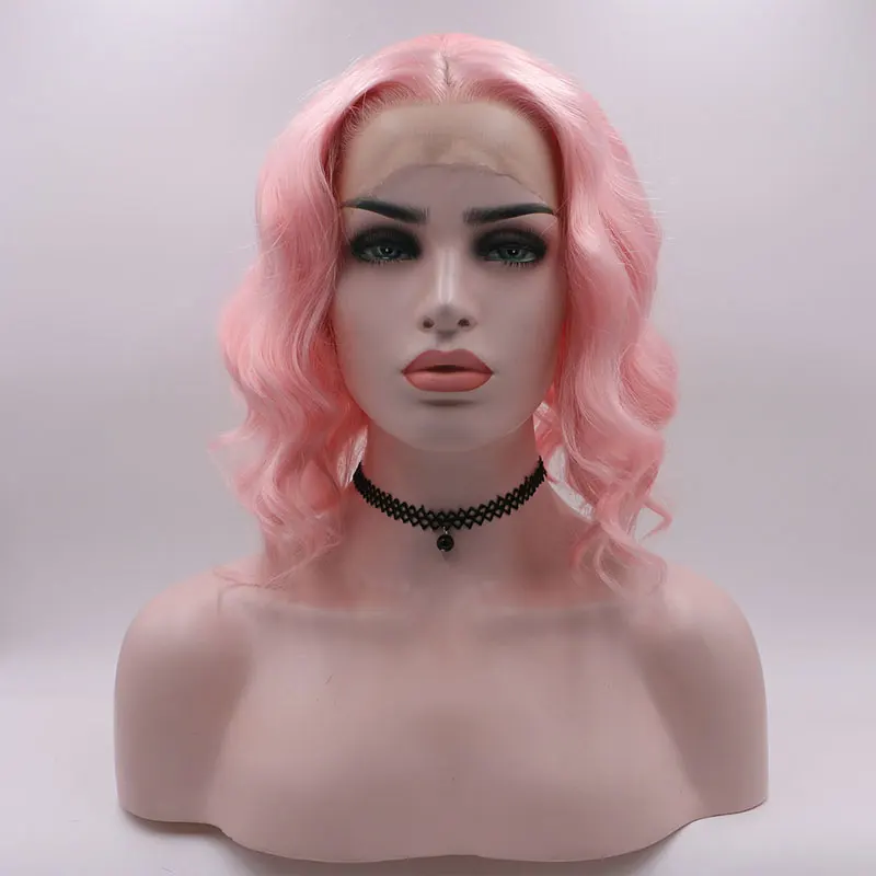 light pink Bombshell розовый белый блонд короткий свободная волна боб синтетический парик на кружеве бесклеевой термостойкие волокна натуральные волосы для женщин - Color: light pink