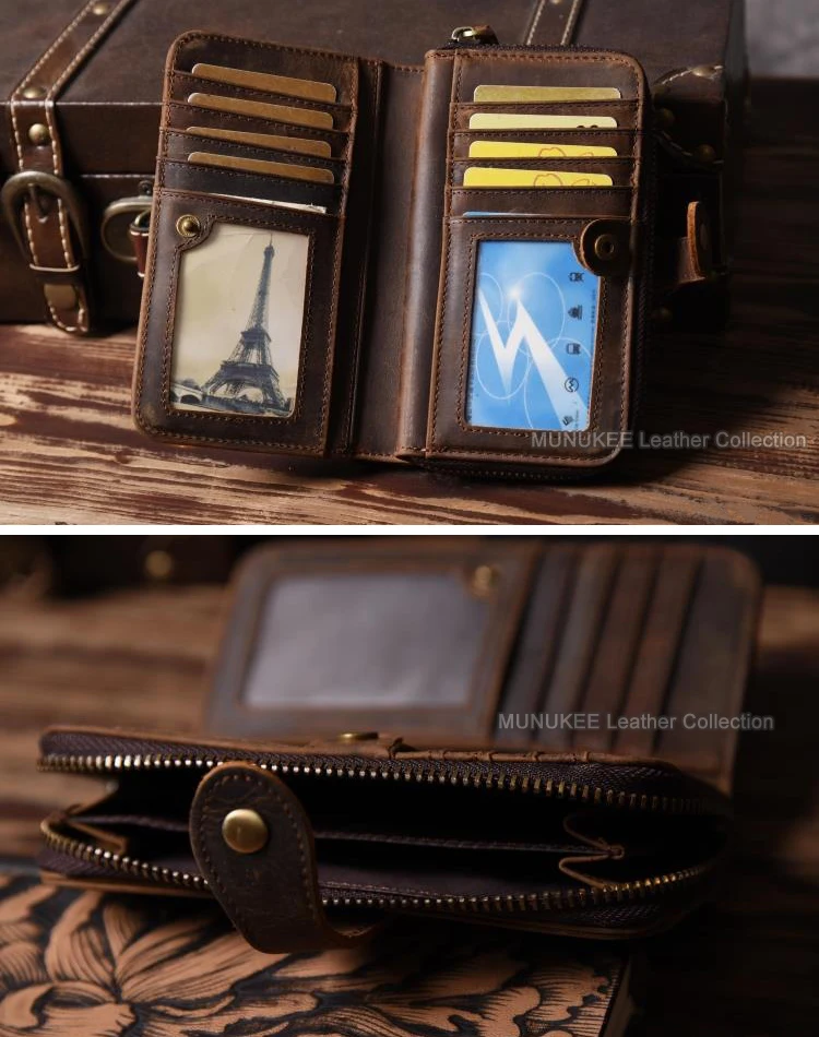 Vintage Crazy horse Genuine Leather Men Wallet Men Purse Leather Wallet male  Purse Long style Clutch Bag Coin bag Money Clips