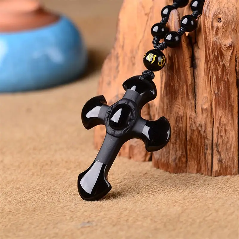 Подвеска-крест из натурального черного обсидиана ручной работы для изготовления