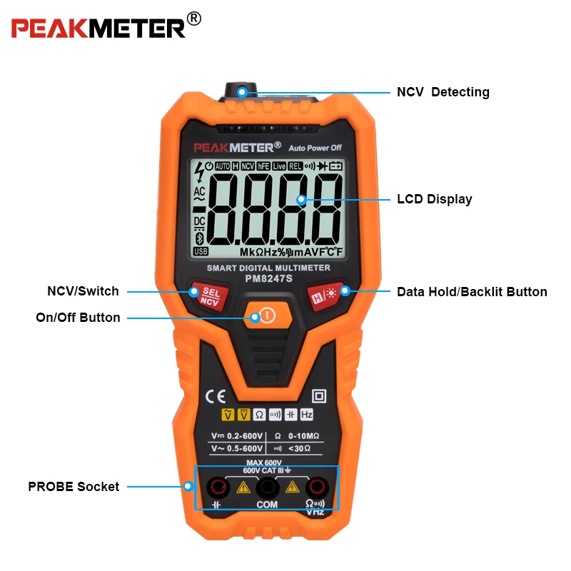 PEAKMETER PM8247S Smart AutoRange Профессиональный цифровой мультиметр Вольтметр с NCV частотной