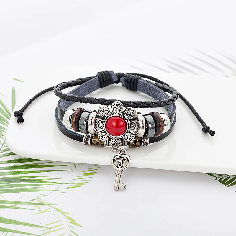 Hot Selling Vintage Leather Jewelry For Men Cheap Price Handmade Metal Key Charm Bracelet Trendy Bohemia Red Stones | Украшения и