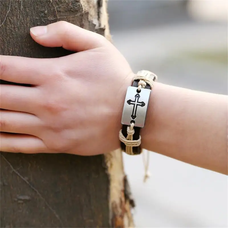 Модный браслет ручной работы унисекс винтажный плетеный из сплава с крестиком на