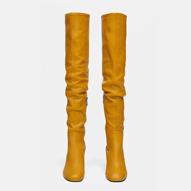 Зимние женские высокие сапоги плиссированные до колена на толстом каблуке