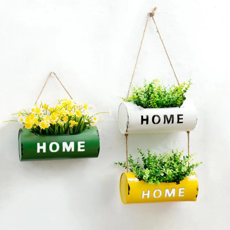 

Creative Iron Art Hemp Rope Hanging Flower Pot Restaurant Living Room Wall Vase Decor Simulated Succulent Plants Flower Basket