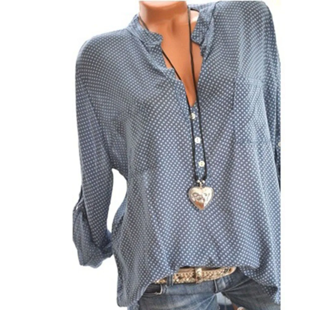

Women Shirts Plus Size Polka Dot Womens Ladies Casual V-Neck Long Sleeve Pocket Shirt Casual 2018 New Fall Hot Tops Shirt Loose