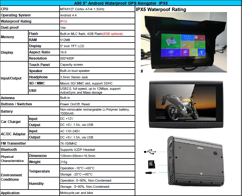 5 дюймов ЖК-дисплей Android 4.4.2 WI-FI 512 М Оперативная память 8 ГБ флэш-памяти gps навигации Bluetooth водонепроницаемые навигатор для мотоцикла/автомобиля
