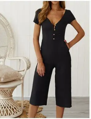 Женский свободный комбинезон с v образным вырезом и коротким рукавом