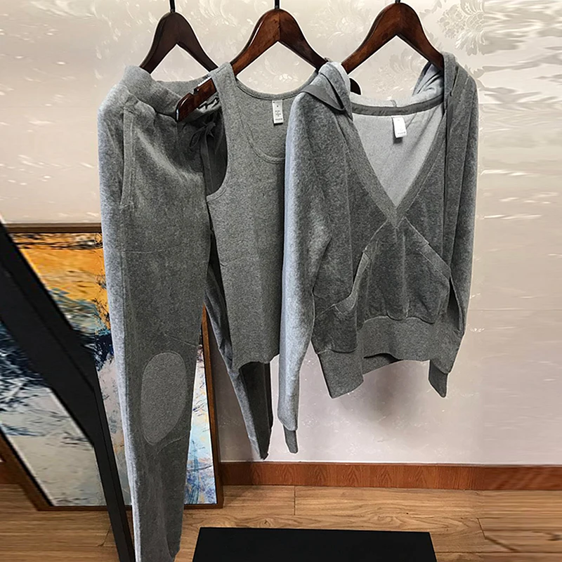 Женский бархатный костюм из трех предметов однотонный топ + жилет Низ с