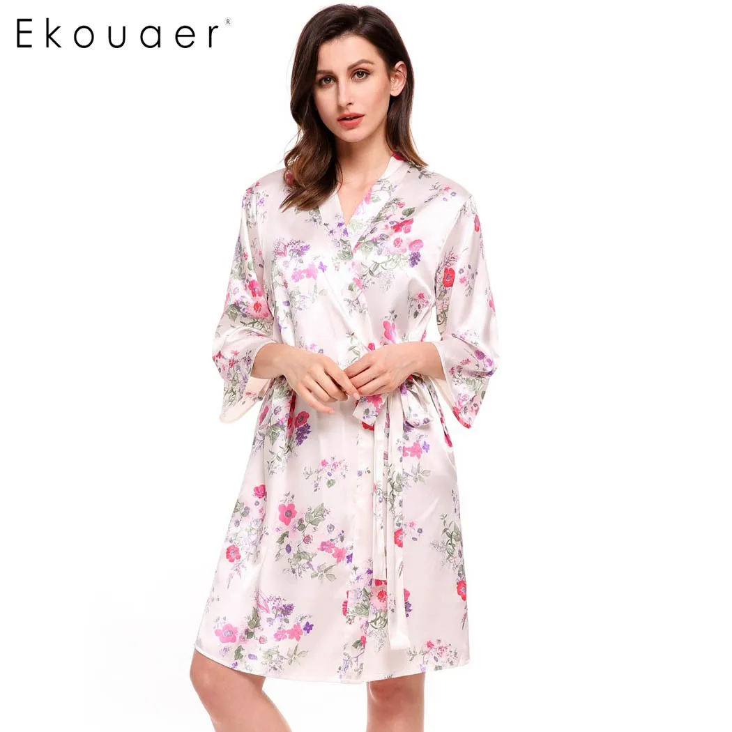 Ekouaer модный свободный халат с цветочным принтом женский рукавом 3/4 в горошек