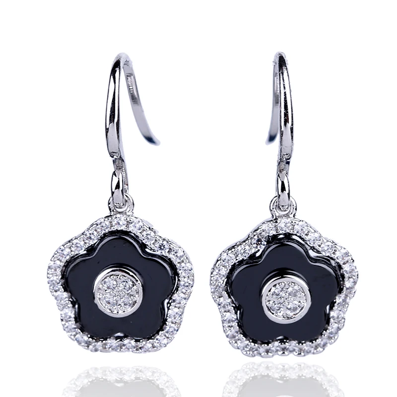 TUHE New Vintage Black Ceramic Earrings Rose Gold Silver Flower Shape With One Row Bling Crystal Women Drop Wedding | Украшения и