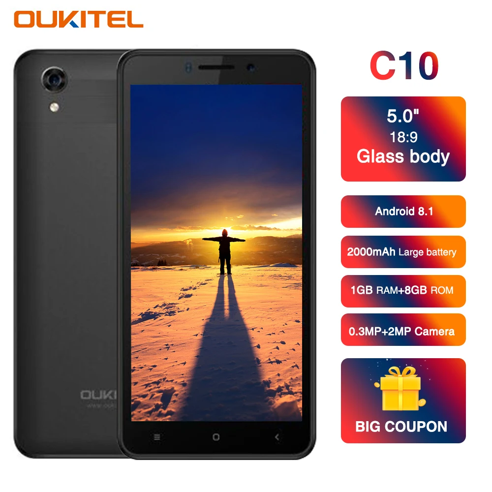 Oukitel C10 3g смартфон 5,5 дюймов 18:9 дисплей 1. 3G Гц две sim-карты 2000 мАч Android 8,1 1 Гб+ 8 Гб MTK6580 четырехъядерный мобильный телефон