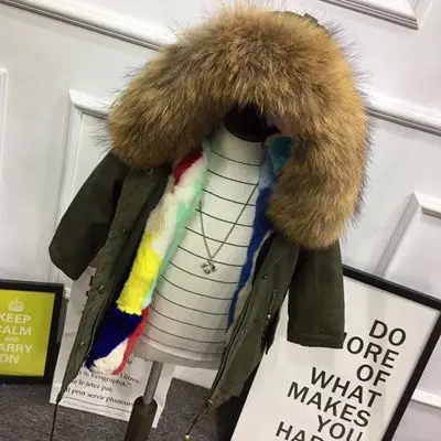 green colorful Army Green Coat Fur Jacket Girls Winter Clothes Rabbit Fur Kids Parkas Real Raccoon Fur Hooded Children Jacket For Girls TZ90 - Цвет: green colorful