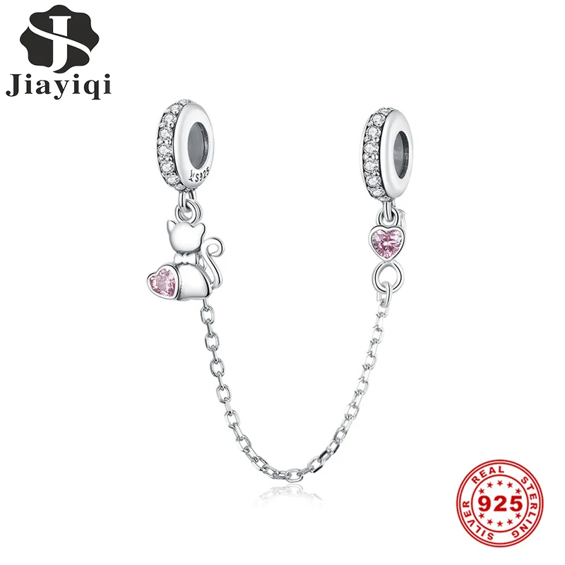 Jiayiqi Аутентичные 925 пробы серебряный милый кот безопасности цепи Шарм подходит браслет для женщин обручение Роскошные ювелирные изделия делая подарок