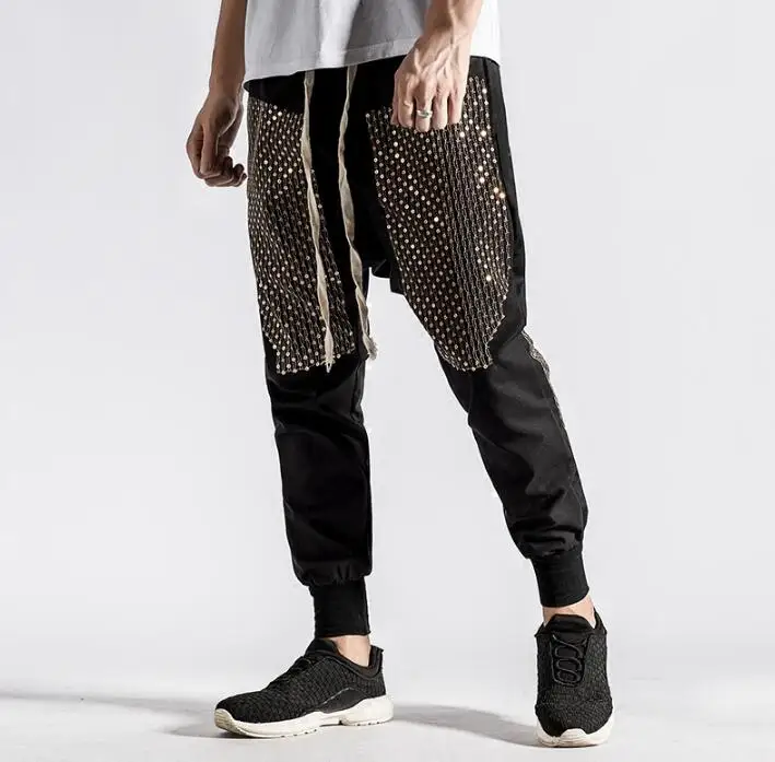 Gold sequins personality fashion mens pants autumn casual harem pant men feet trousers pantalones hombre cargo pantalon homme