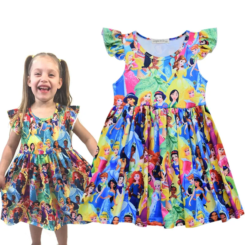 

Unicorn Floral Mickey Dinosar Fairy Princess Print Dress Snow White Jasmine Belle Elsa Printing Clothing Flying Sleeves Frocks
