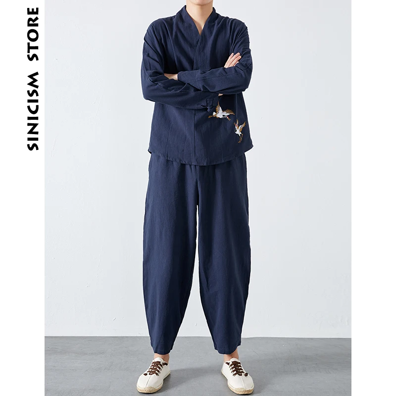 Sinicism магазине Для мужчин Crane Embroidery костюм 2018 s хлопок Винтаж черный с длинным