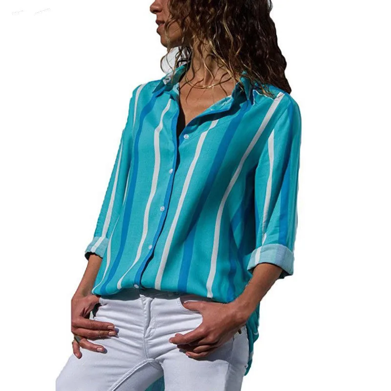 

Fashion Womens Long Sleeve Loose Blouse Hot Sale Casual Turn Down Collar Shirt Summer Autumn Elegant Woman Striped Tops Shirt