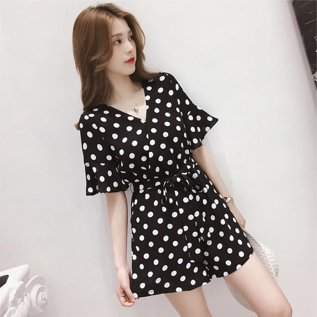 Office Elegant Polka Dot V Neck Party Romper Summer Fashion Casual Playsuit Women Stylish Short Sleeve Lace Up Jumpsuit Plu Size | Женская