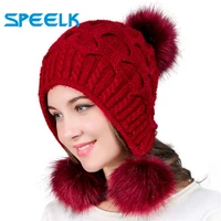 new women hats autumn winter wool beanies hat three hair ball back open knit hat double thick rabbit fur hats bonnet beanie cap