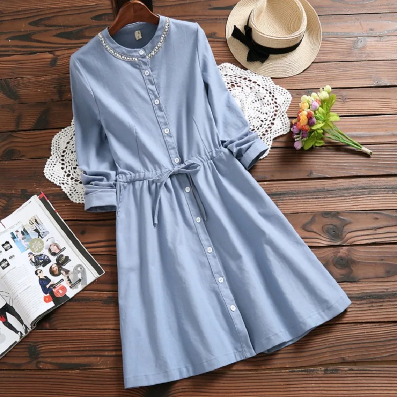 Милый осень весна Для женщин синий мини платье краткое стенд воротник