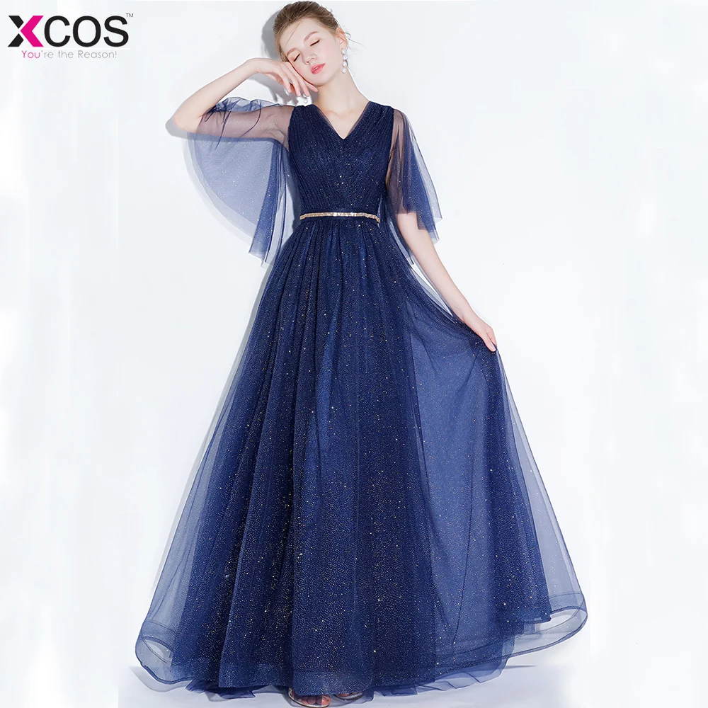 Формальное элегантное вечернее платье длинное женское темно-синее с v-образным
