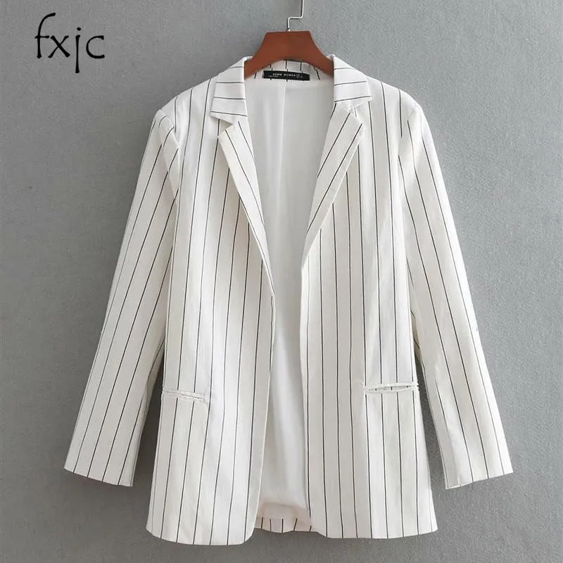 Осенний Новый женский белый полосатый свободный костюм с отворотом и рукавами
