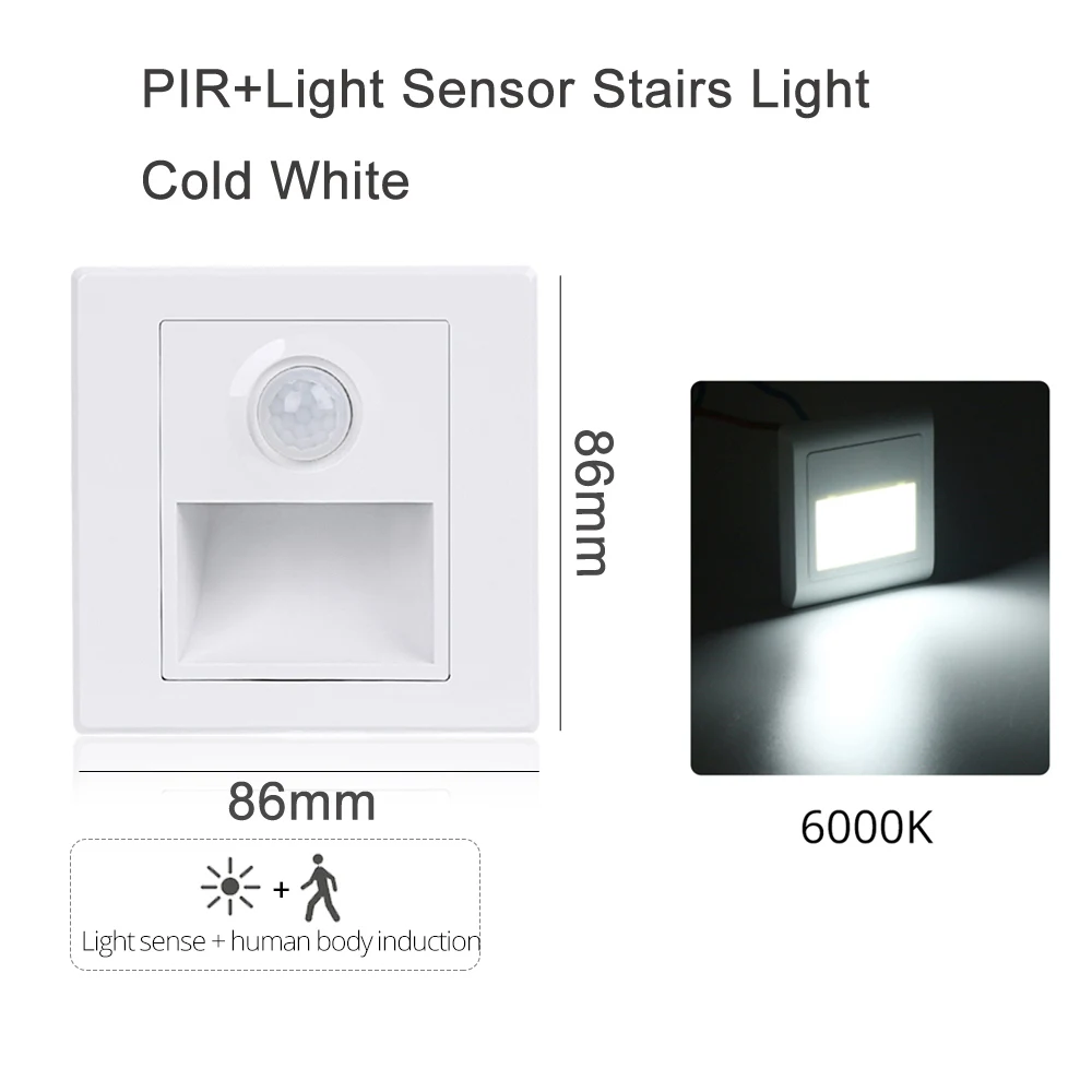 sensor cold white PIR датчик движения Ночной светильник светодиодный лестничный светильник инфракрасный человеческий индукционный внутренний настенный светильник утопленный Проходная лестница 100-265 в 86 коробка - Испускаемый цвет: sensor cold white